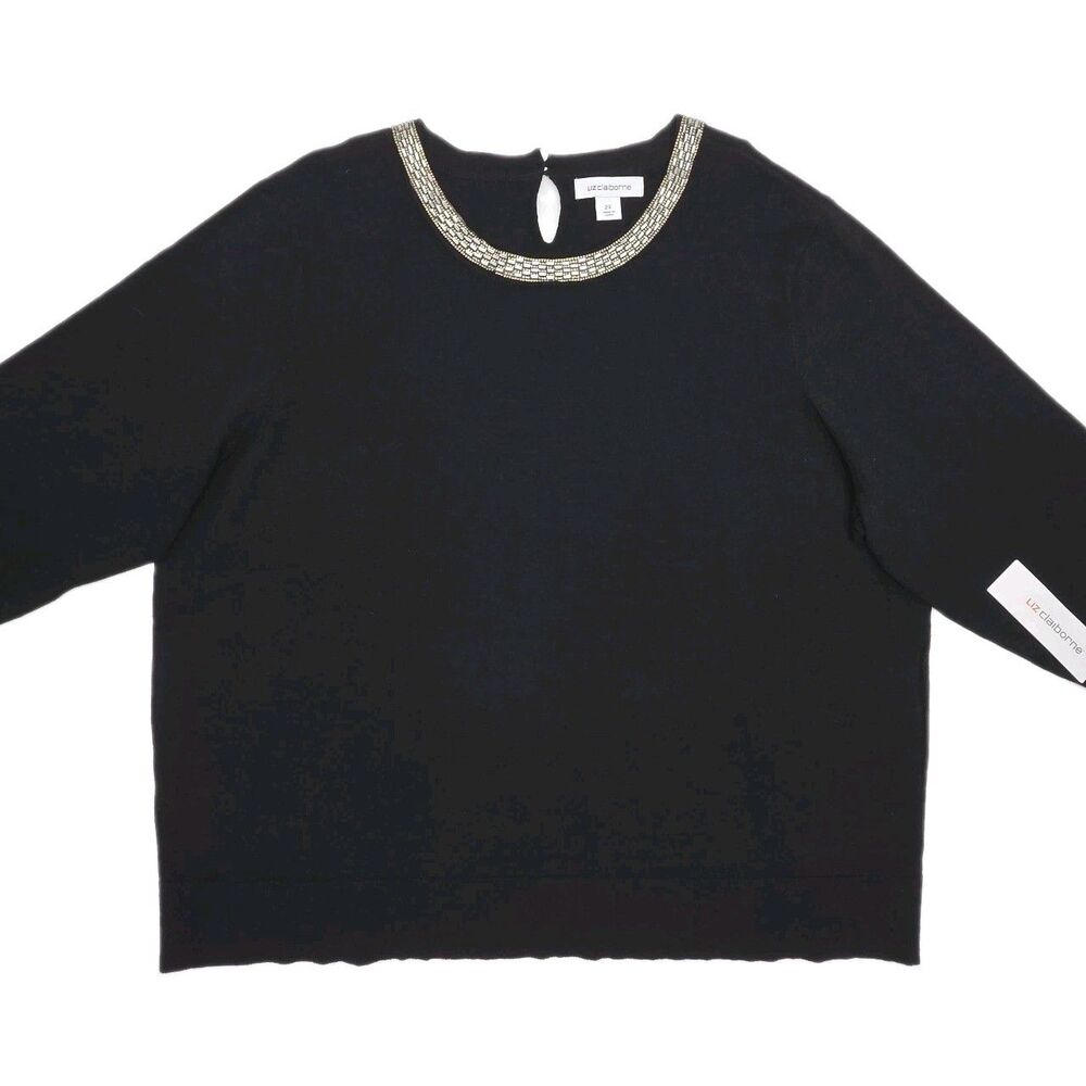 Liz Claiborne Sweater Black Rhinestone Women Plus 2X 3/4 Slv Holiday Party NEW